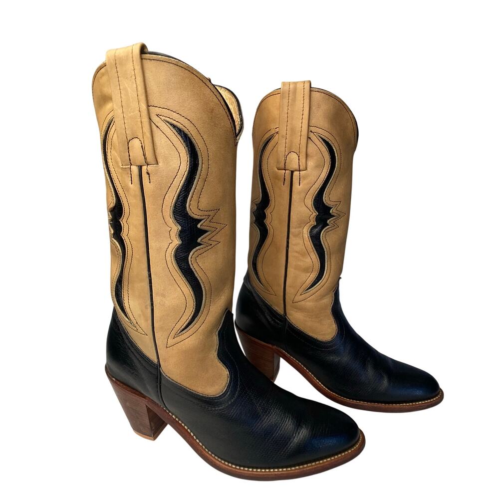 Frye Longhorn Inlay Leather Cowgirl Boots Sz 7.5 Black Tan Leather Vintage - Picture 2 of 16